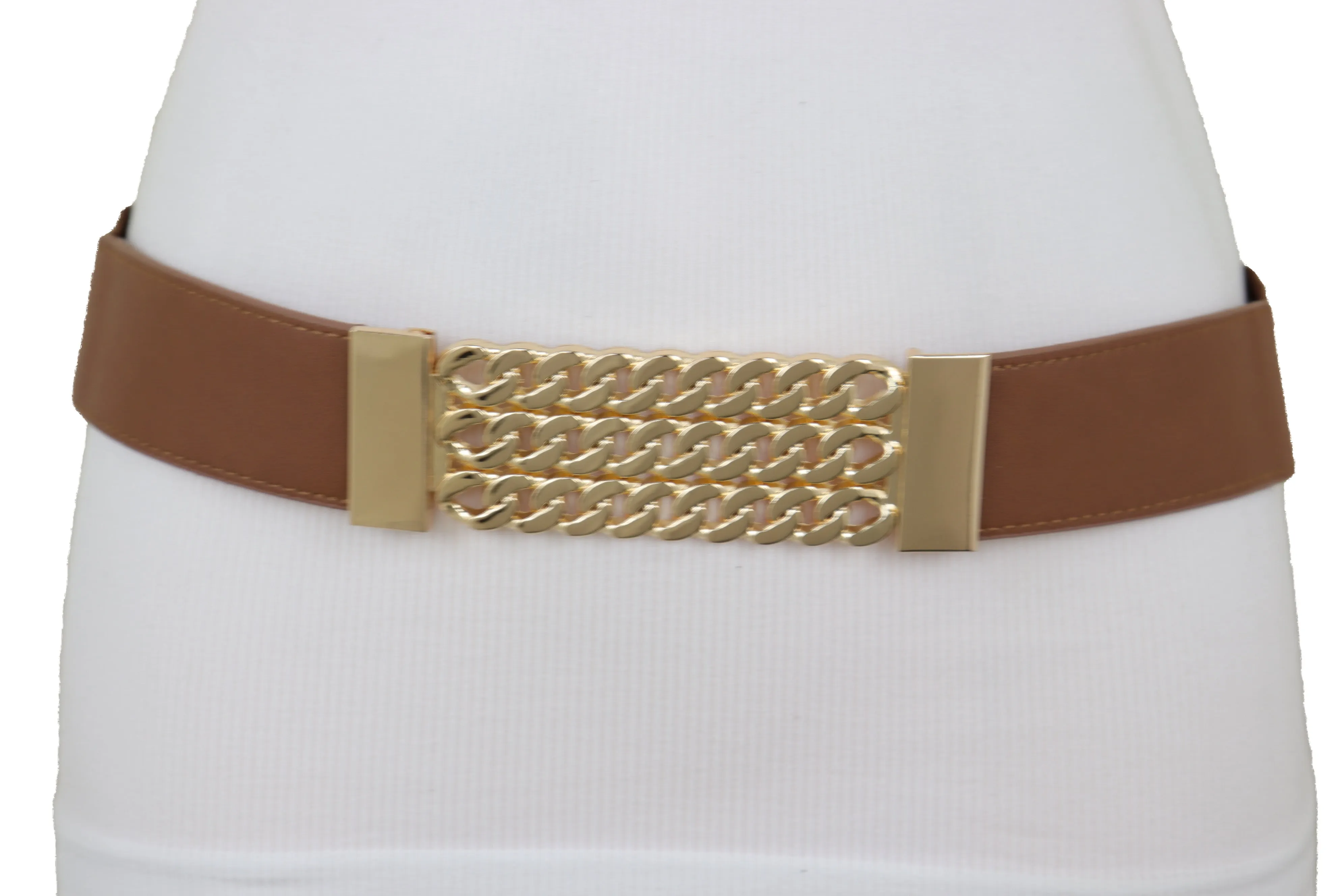 Brown Elastic Waistband Fashion Belt Gold Metal Chain Links Plate Size S M