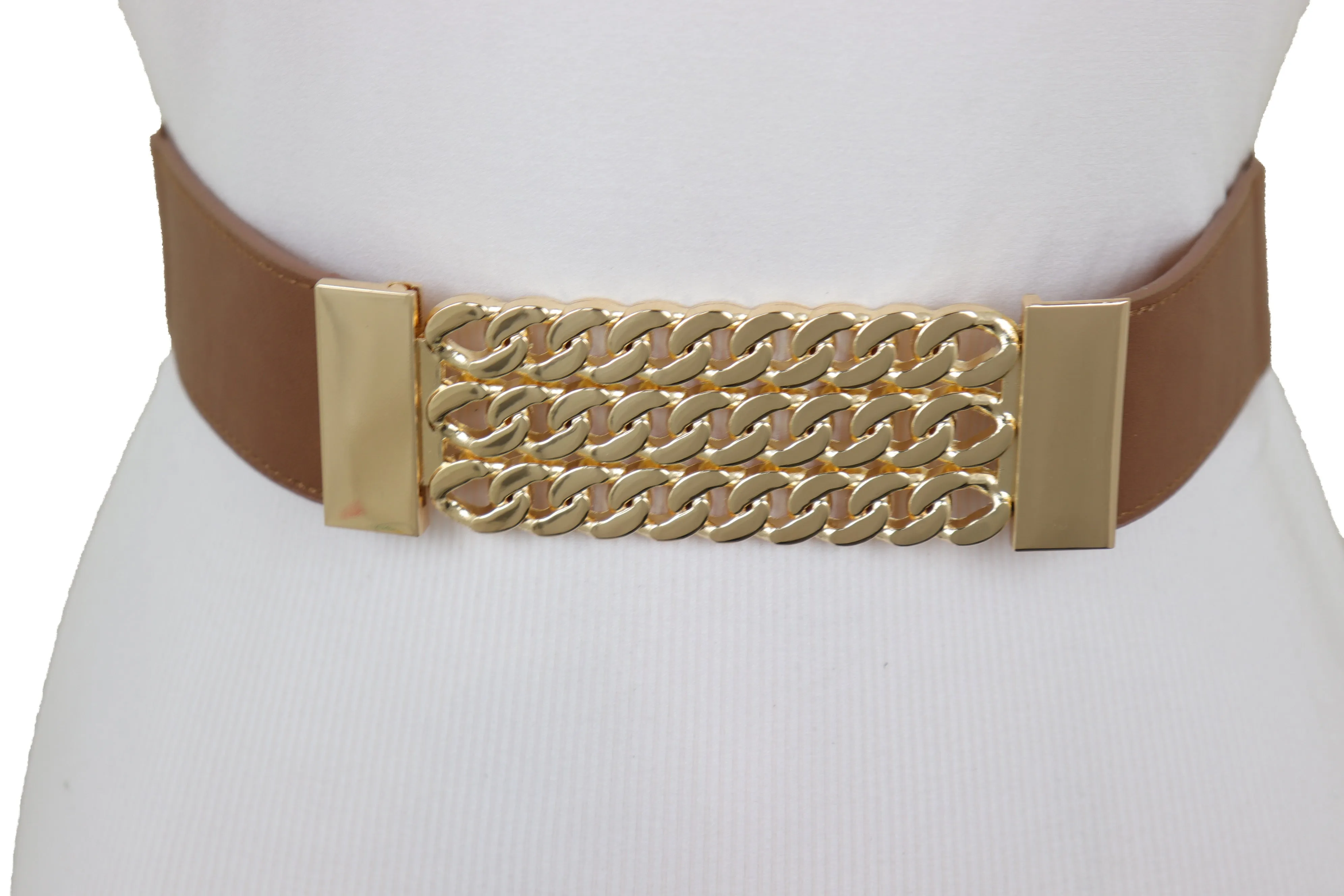 Brown Elastic Waistband Fashion Belt Gold Metal Chain Links Plate Size S M