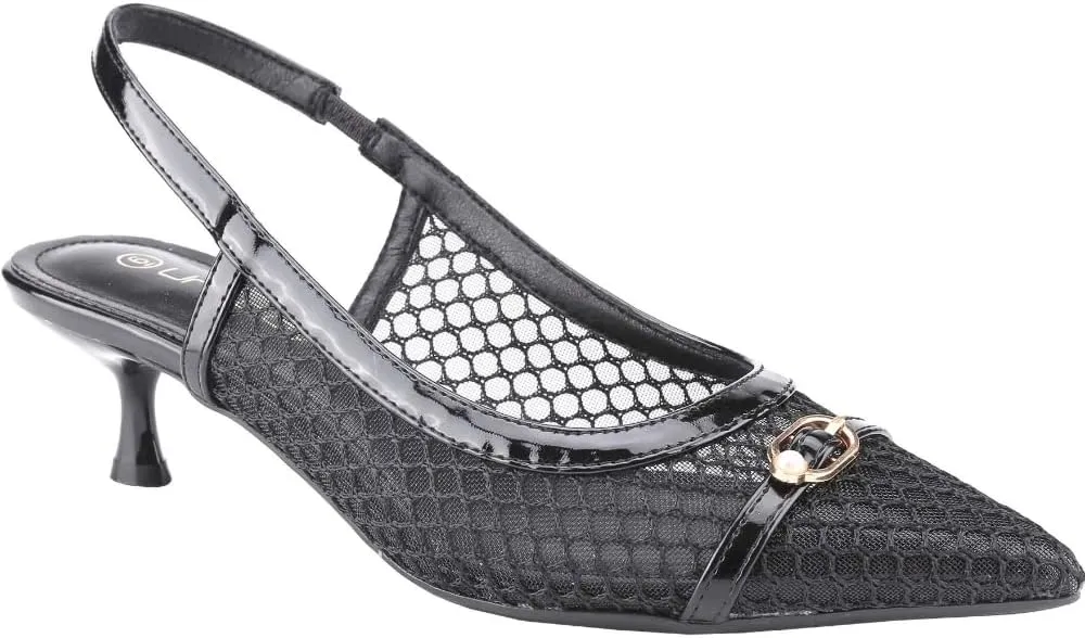 CLOVERLAY Women's Fashionable Sexy Party Mesh Slingback Pumps Low Kitten Heel Chic Sexy Pointed Toe Low Heel Shoes Pumps