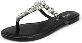 DREAM PAIRS Flip Flops for Women Dressy Rhinestone T-Strap Thong Sandals for Summers Dress Beach