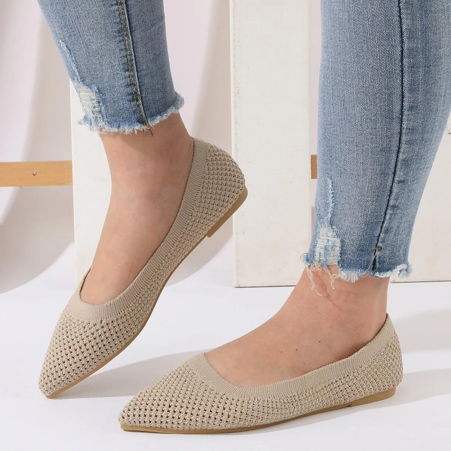 Elegant Pointed Toe Flat Shoes for Women Breathable Mesh Knit Ballet Flats Women's Soft Walking Driving Shoes
