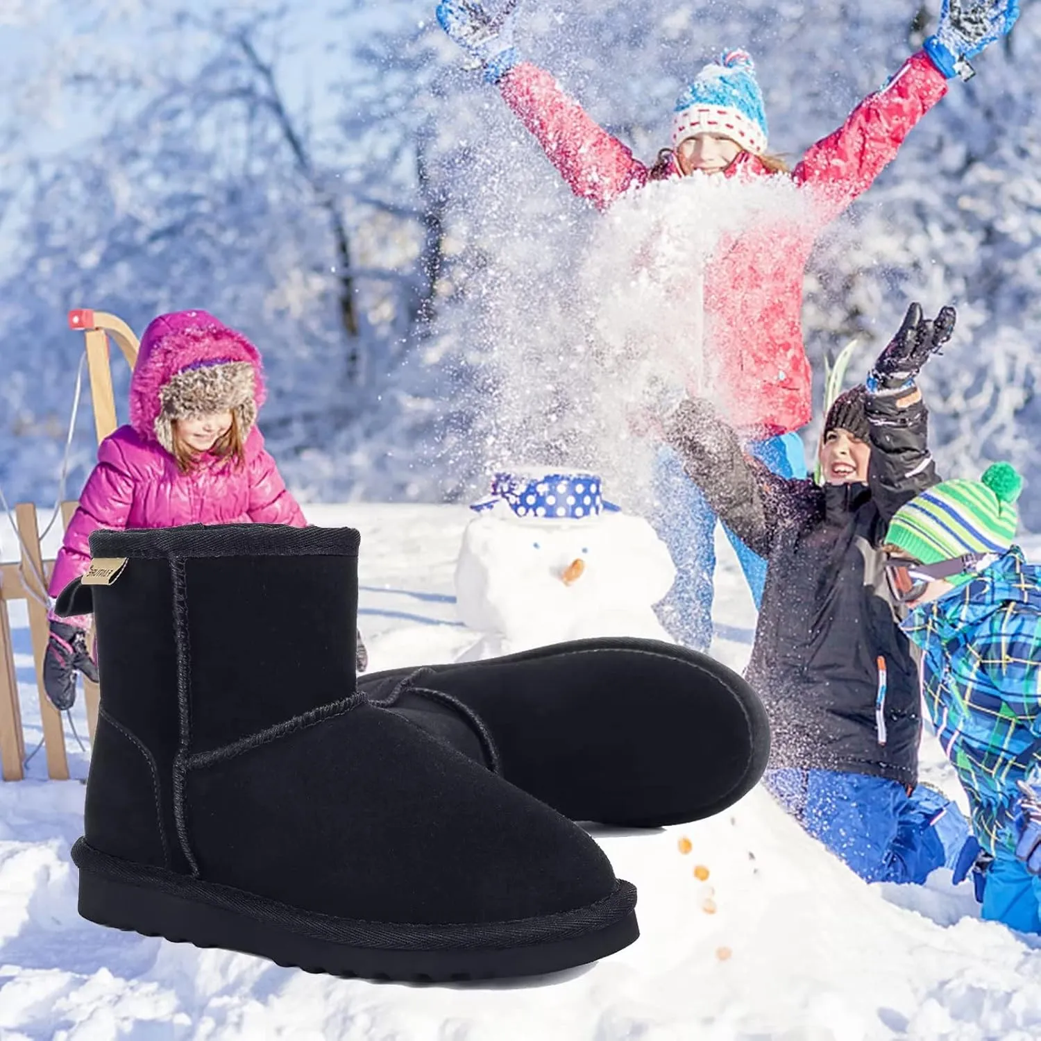 FANTURE Kids Snow Boots Boys Girls Winter Boots Cow Suede Warm Faux Fur Lined Durable Shoes(Little Kid/Big Kid)