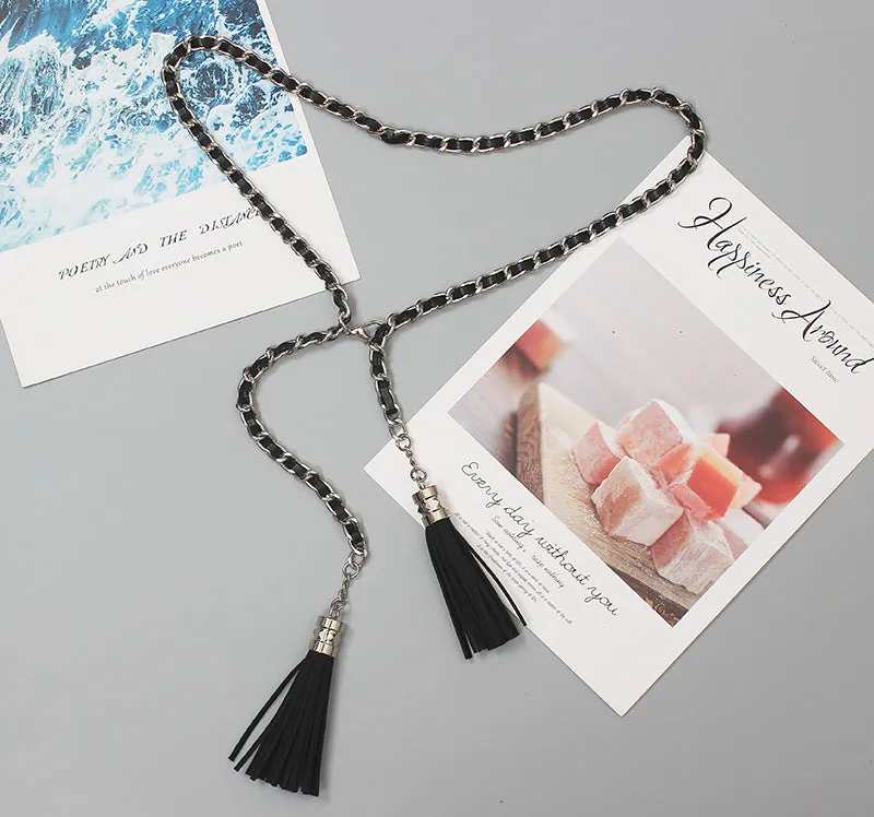 Fashion Retro Fringed Genuine Leather Braided Metal Cowhide Extended Chain Belt Accessories Decorative Waist Chain