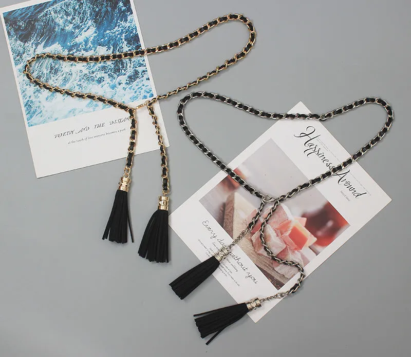Fashion Retro Fringed Genuine Leather Braided Metal Cowhide Extended Chain Belt Accessories Decorative Waist Chain