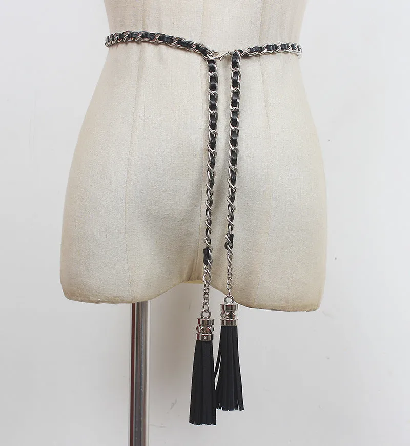 Fashion Retro Fringed Genuine Leather Braided Metal Cowhide Extended Chain Belt Accessories Decorative Waist Chain