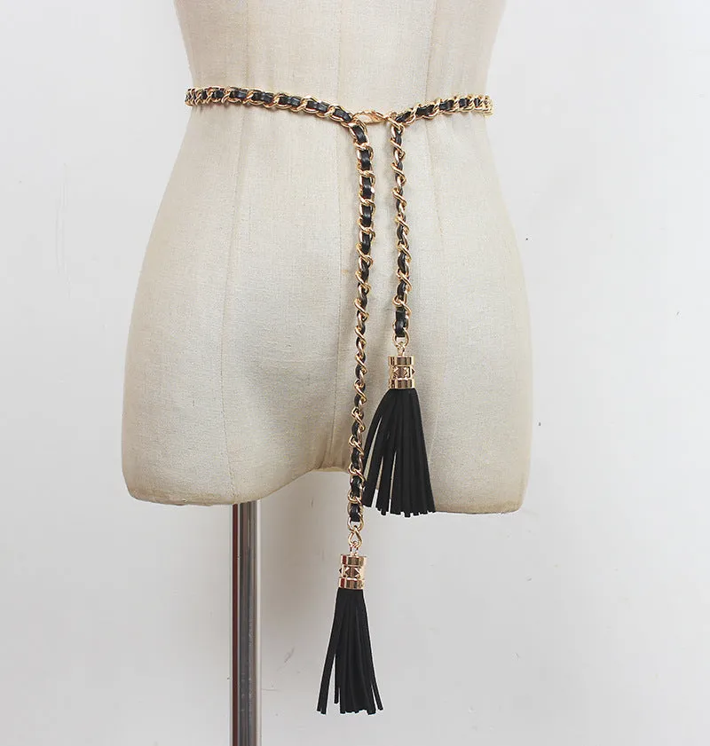 Fashion Retro Fringed Genuine Leather Braided Metal Cowhide Extended Chain Belt Accessories Decorative Waist Chain
