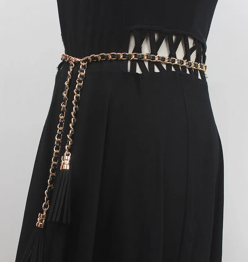Fashion Retro Fringed Genuine Leather Braided Metal Cowhide Extended Chain Belt Accessories Decorative Waist Chain