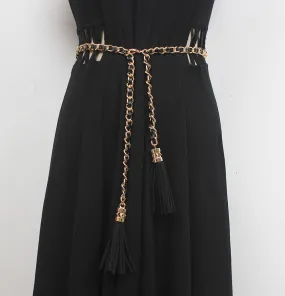 Fashion Retro Fringed Genuine Leather Braided Metal Cowhide Extended Chain Belt Accessories Decorative Waist Chain