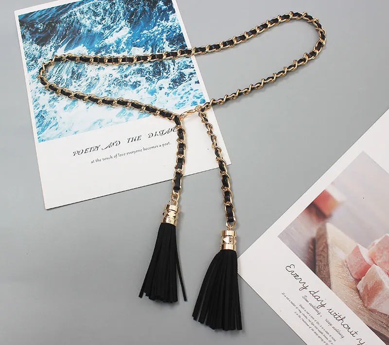 Fashion Retro Fringed Genuine Leather Braided Metal Cowhide Extended Chain Belt Accessories Decorative Waist Chain