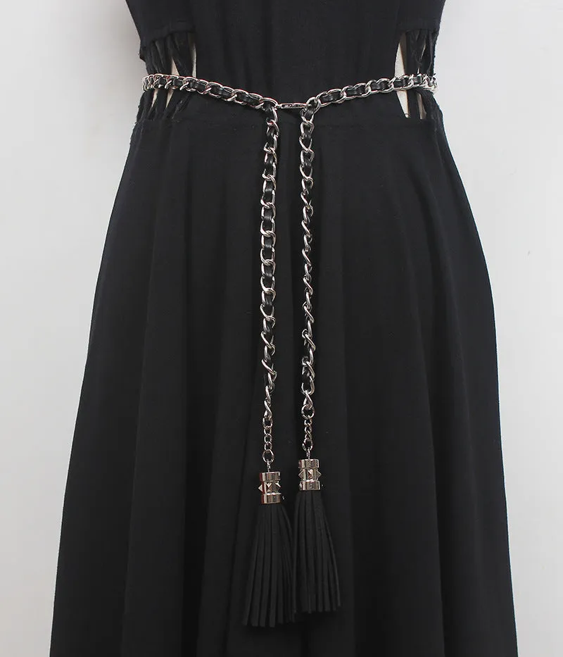 Fashion Retro Fringed Genuine Leather Braided Metal Cowhide Extended Chain Belt Accessories Decorative Waist Chain