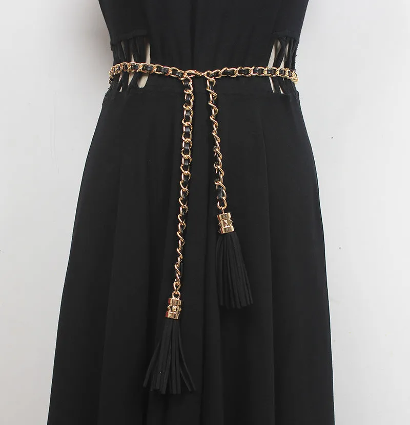 Fashion Retro Fringed Genuine Leather Braided Metal Cowhide Extended Chain Belt Accessories Decorative Waist Chain