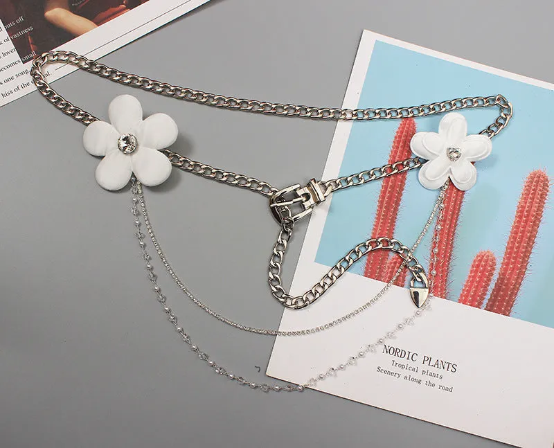 Fashion Women Rose Flower Belt Large Size Lengthened Waist Chain Premium Sense Accessories Silk Scarf Knotted Girdle