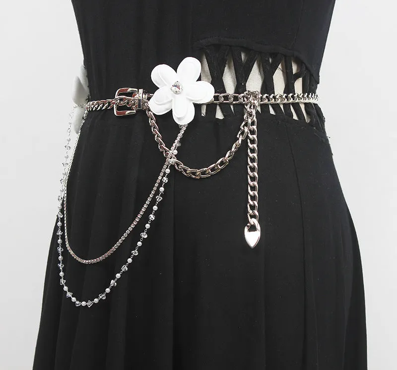 Fashion Women Rose Flower Belt Large Size Lengthened Waist Chain Premium Sense Accessories Silk Scarf Knotted Girdle