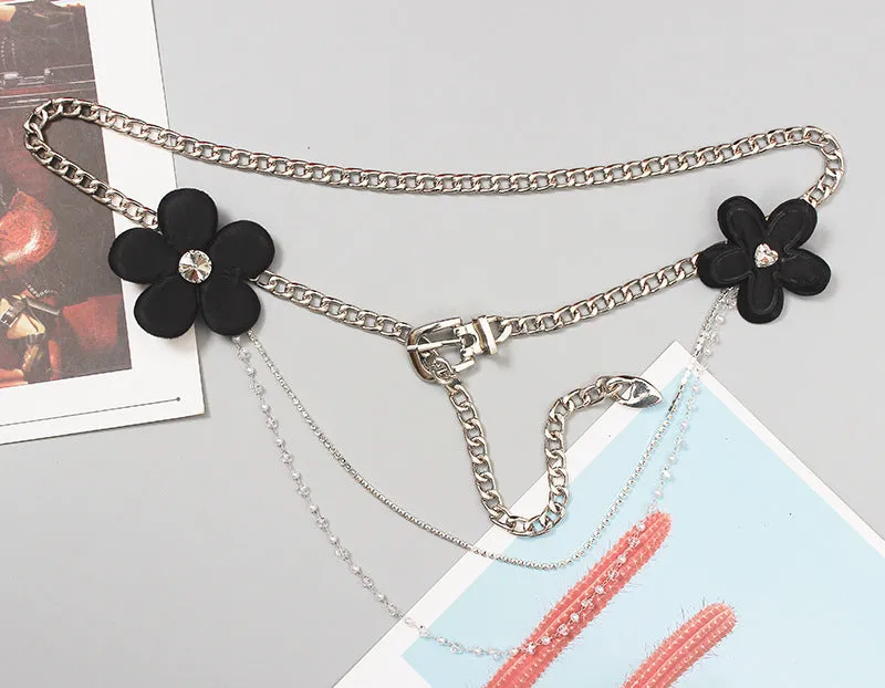 Fashion Women Rose Flower Belt Large Size Lengthened Waist Chain Premium Sense Accessories Silk Scarf Knotted Girdle