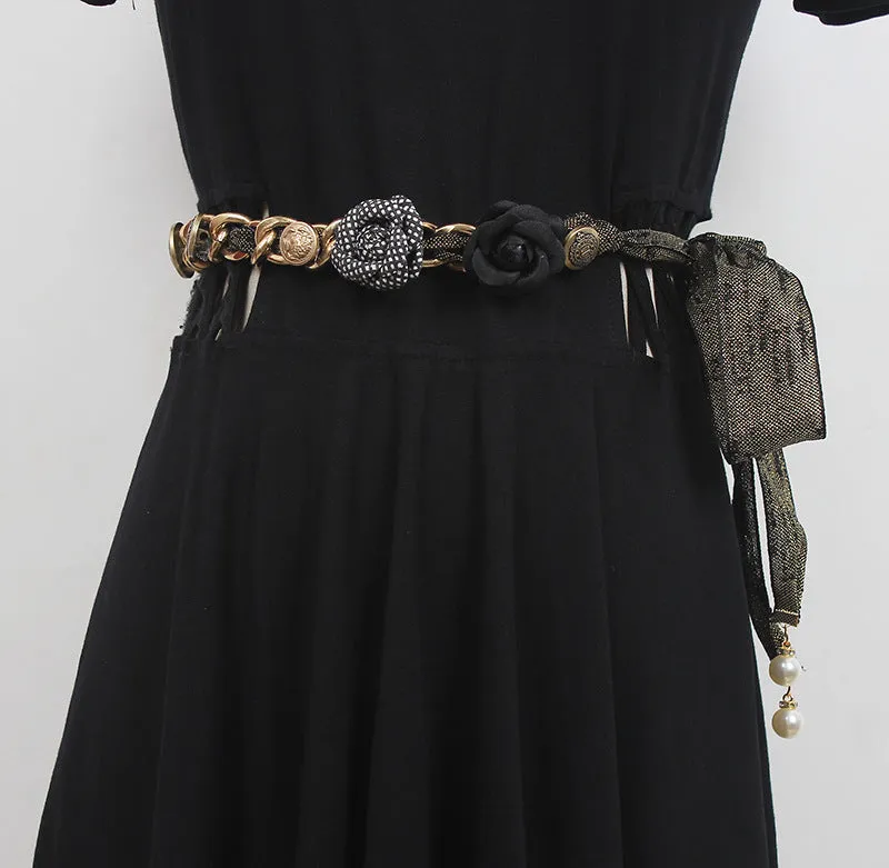 Fashion Women Rose Flower Belt Large Size Lengthened Waist Chain Premium Sense Accessories Silk Scarf Knotted Girdle