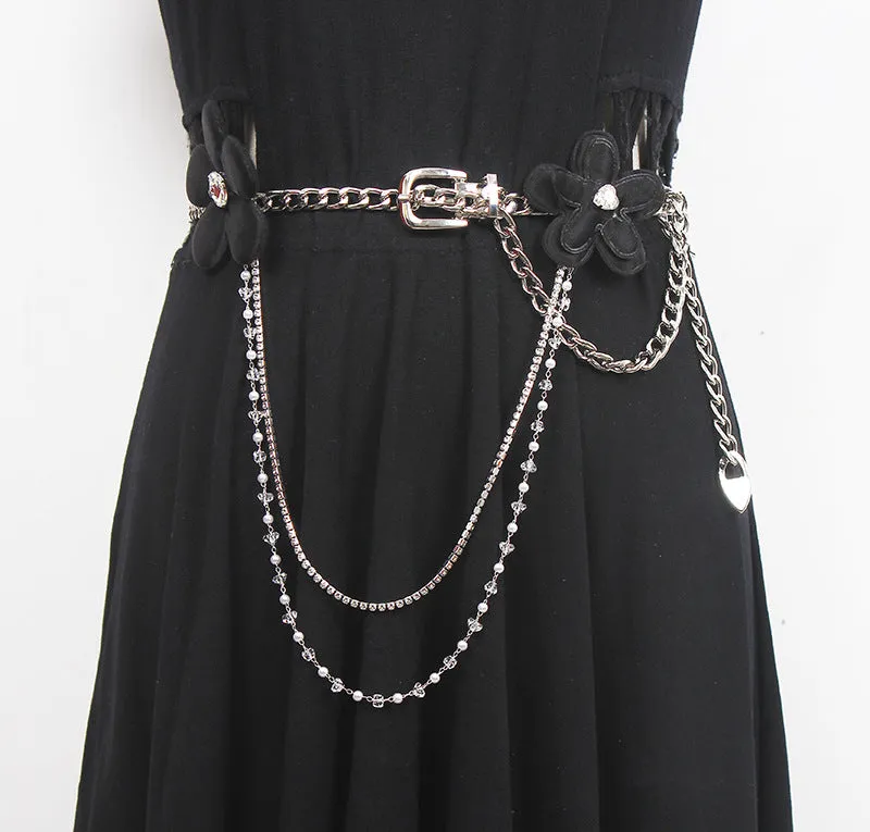 Fashion Women Rose Flower Belt Large Size Lengthened Waist Chain Premium Sense Accessories Silk Scarf Knotted Girdle