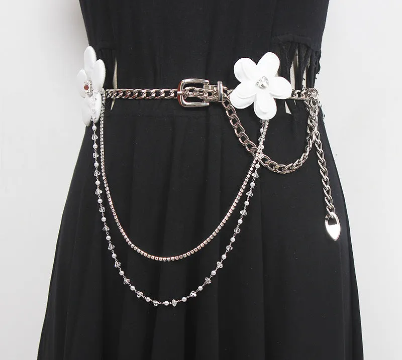 Fashion Women Rose Flower Belt Large Size Lengthened Waist Chain Premium Sense Accessories Silk Scarf Knotted Girdle