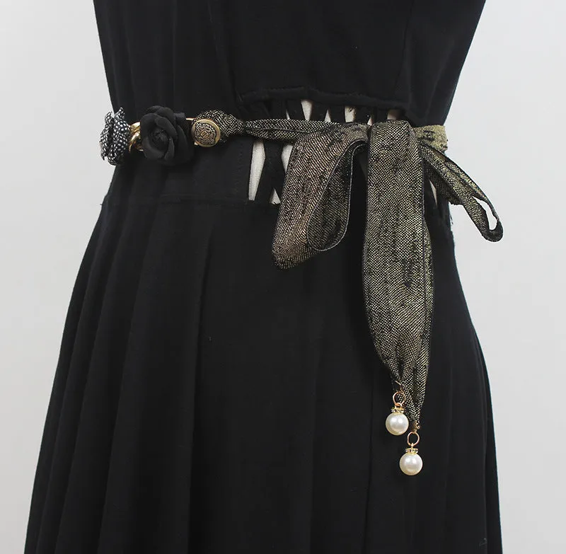Fashion Women Rose Flower Belt Large Size Lengthened Waist Chain Premium Sense Accessories Silk Scarf Knotted Girdle