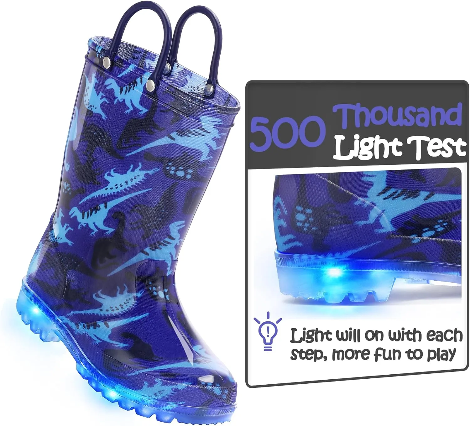 K KomForme Kids Rain Boots, Waterproof Light up Boots with Easy-on Handles
