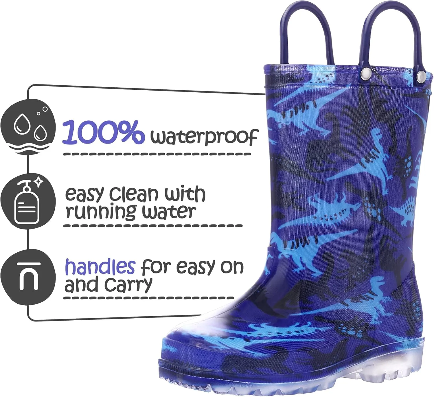 K KomForme Kids Rain Boots, Waterproof Light up Boots with Easy-on Handles
