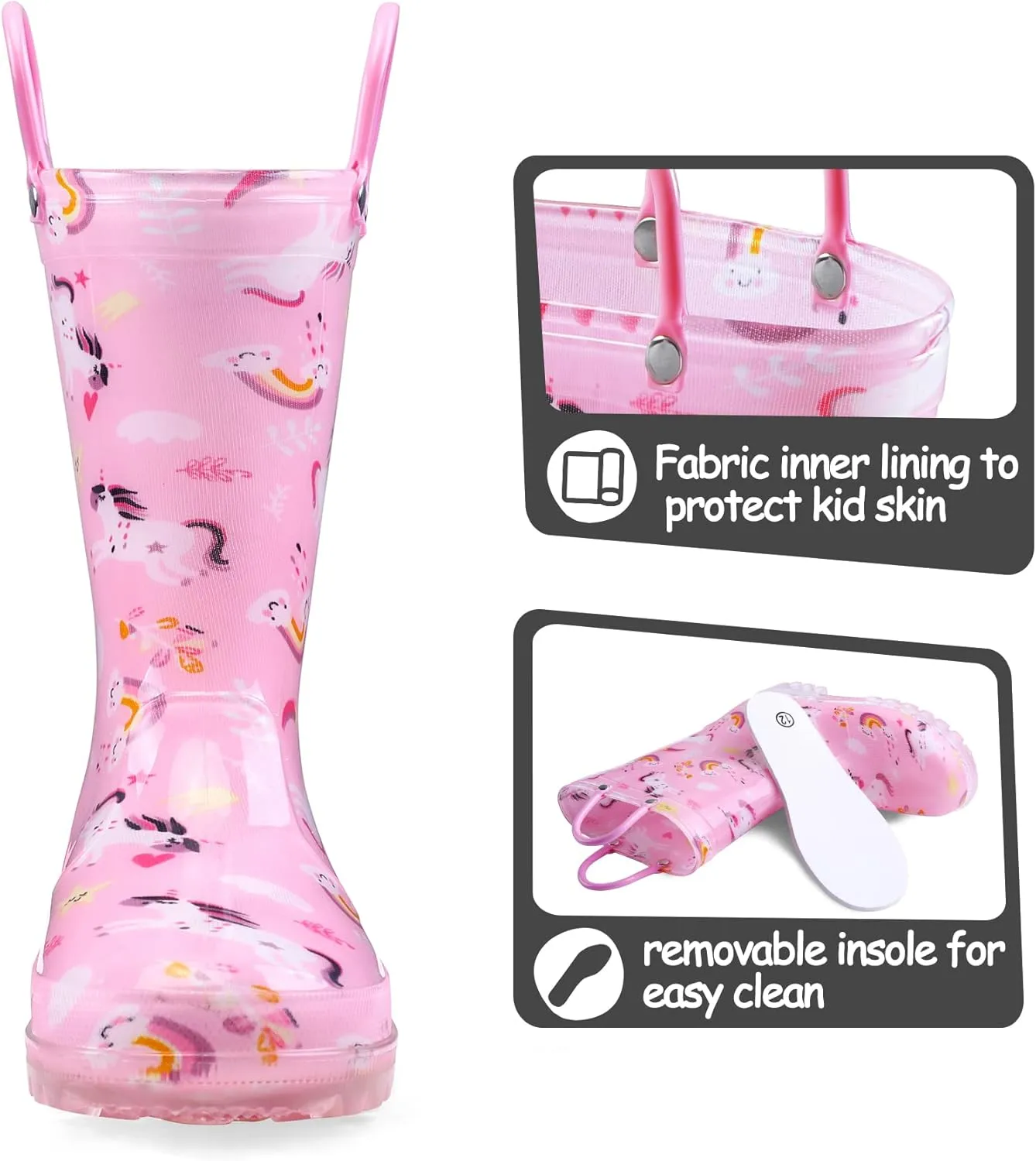 K KomForme Toddler Light Up Rain Boots for Girls Boys Waterproof Rain Boots with Handles Outdoors