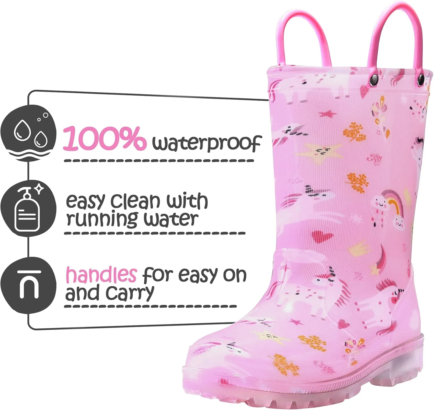 K KomForme Toddler Light Up Rain Boots for Girls Boys Waterproof Rain Boots with Handles Outdoors