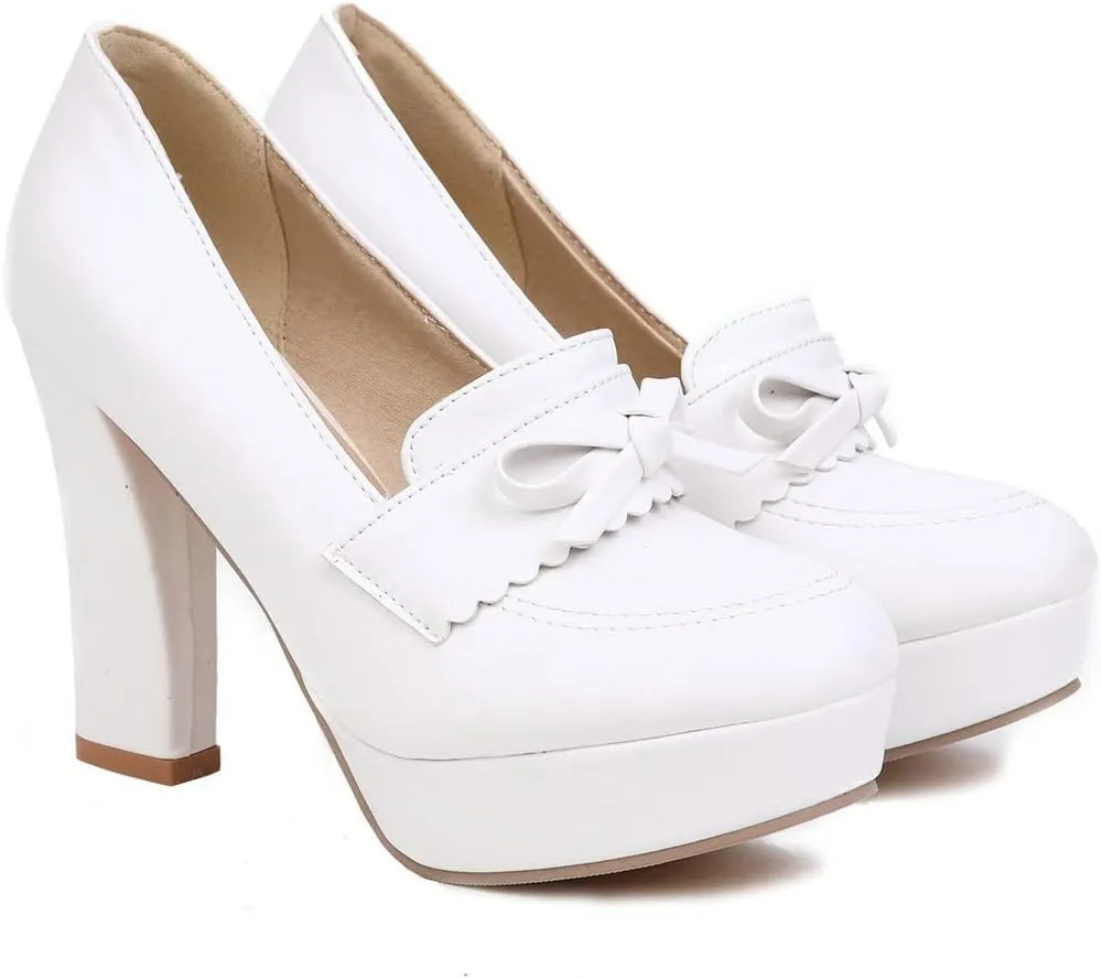 KISSASA Womens Chunky Platform High Heeled Loafers Round Toe Block Heel Pumps Slip On Dress Office Shoes
