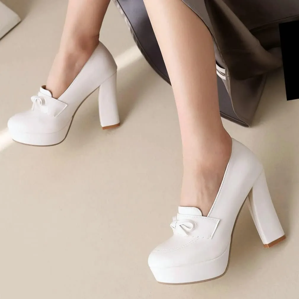 KISSASA Womens Chunky Platform High Heeled Loafers Round Toe Block Heel Pumps Slip On Dress Office Shoes