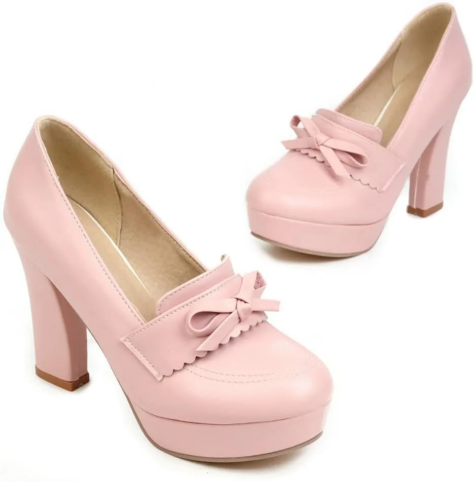 KISSASA Womens Chunky Platform High Heeled Loafers Round Toe Block Heel Pumps Slip On Dress Office Shoes