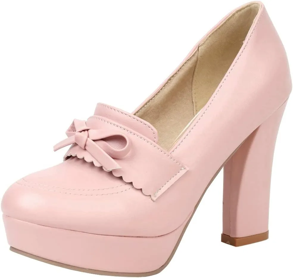 KISSASA Womens Chunky Platform High Heeled Loafers Round Toe Block Heel Pumps Slip On Dress Office Shoes