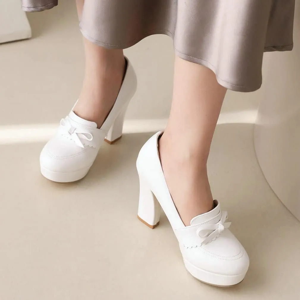 KISSASA Womens Chunky Platform High Heeled Loafers Round Toe Block Heel Pumps Slip On Dress Office Shoes