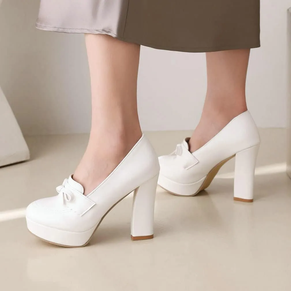 KISSASA Womens Chunky Platform High Heeled Loafers Round Toe Block Heel Pumps Slip On Dress Office Shoes