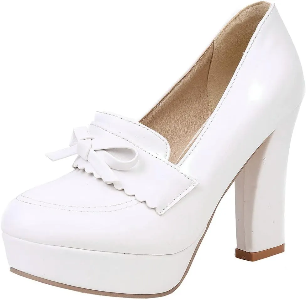 KISSASA Womens Chunky Platform High Heeled Loafers Round Toe Block Heel Pumps Slip On Dress Office Shoes