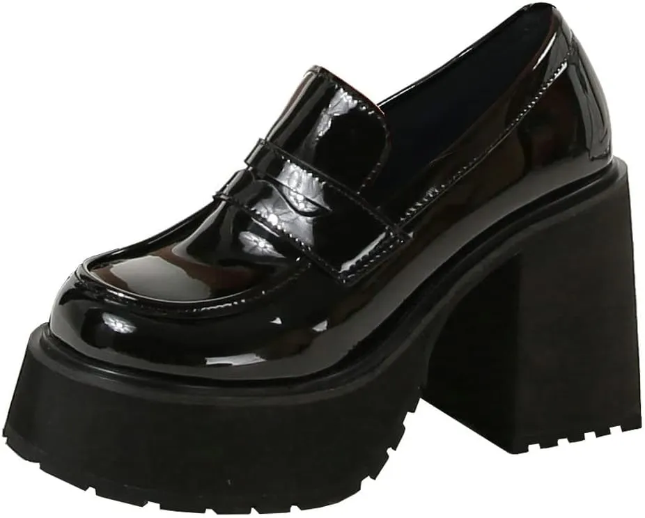 KISSASA Womens Chunky Platform High Heeled Patent Leather Loafers Round Toe Slip On Uniform Dress Shoes