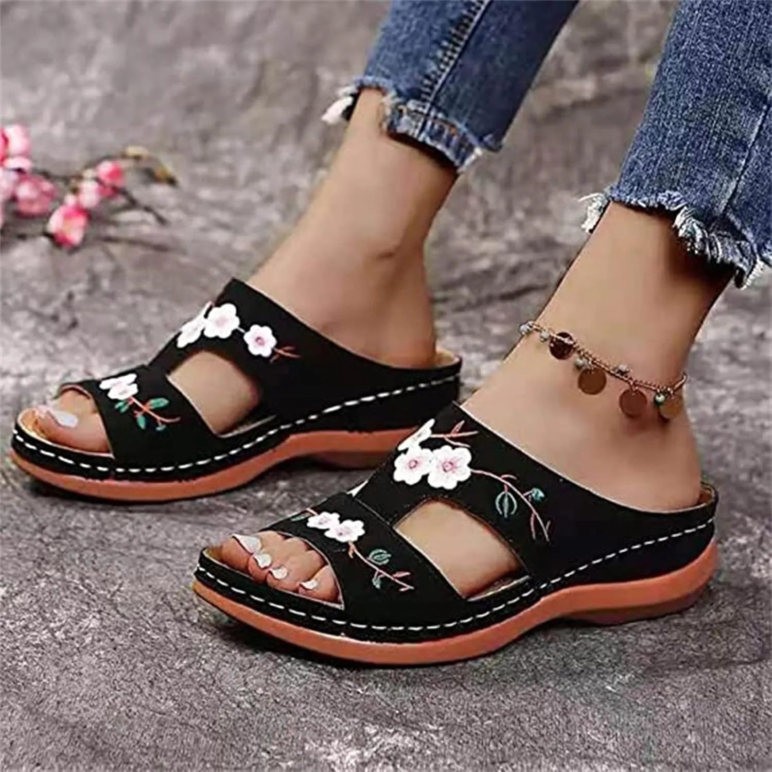 Ladmiple Sandals Women 2023 Trendy Floral Orthopedic Flip Flops with Arch Support Slippers Casual Roman Open Toe Sandal