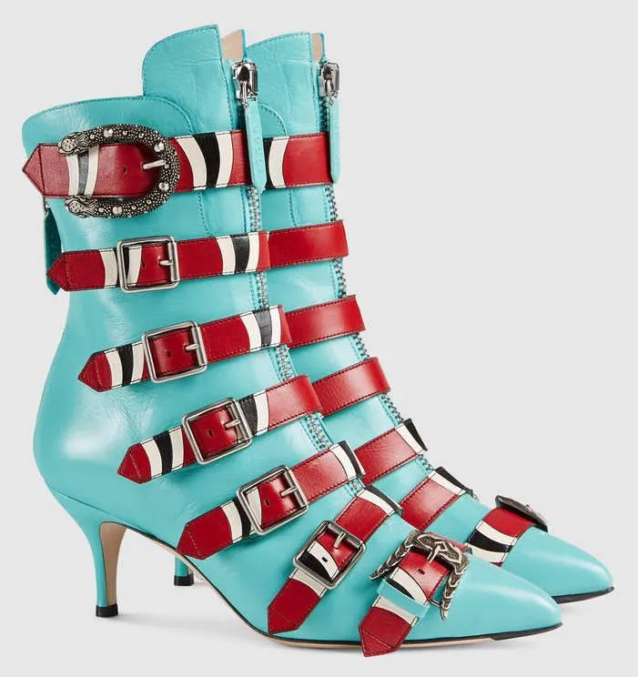 Leather Buckle Ankle Boots - Black or Light Blue