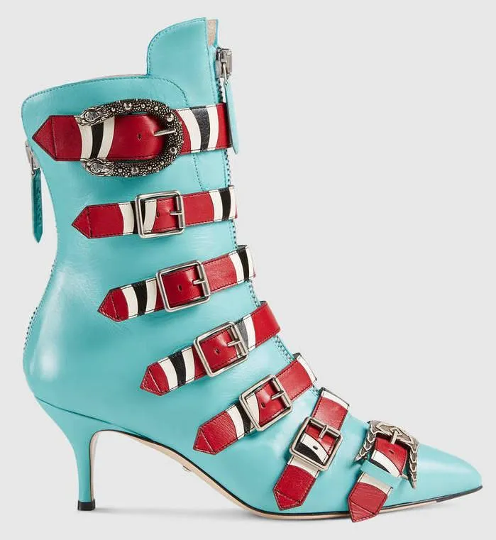 Leather Buckle Ankle Boots - Black or Light Blue
