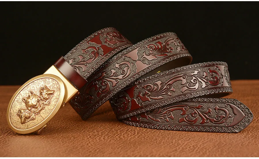 Mens Ratchet Belt,Genuine Leather Belt with Automatic  Wolf Buckle Alloy | TCZD003