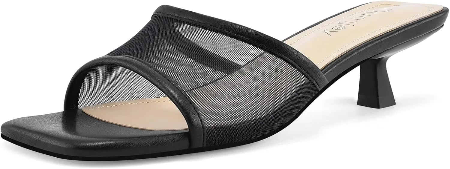 Mesh Heel Mules for Women Kitten Heeled Sandals Square Open Toe Comfort Slip On Casual Shoes