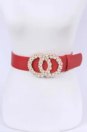 Pearl Buckle Fashion Belt - Red