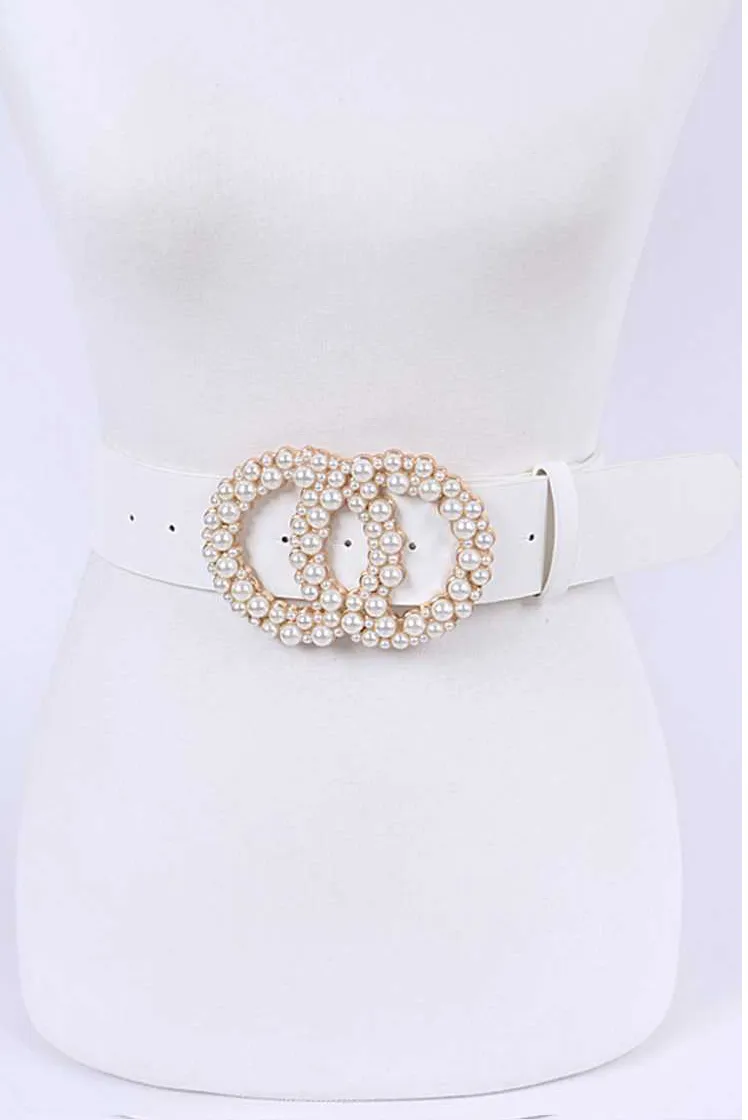 Pearl Buckle Fashion Belt - White
