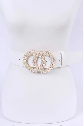 Pearl Buckle Fashion Belt - White