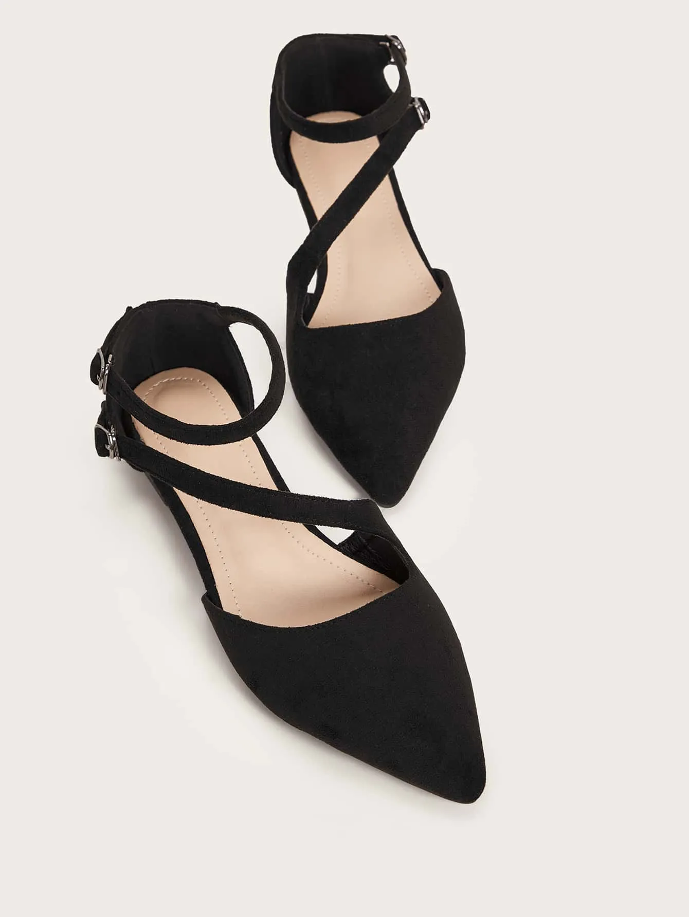 Point Toe Buckle Strap Suede Flats