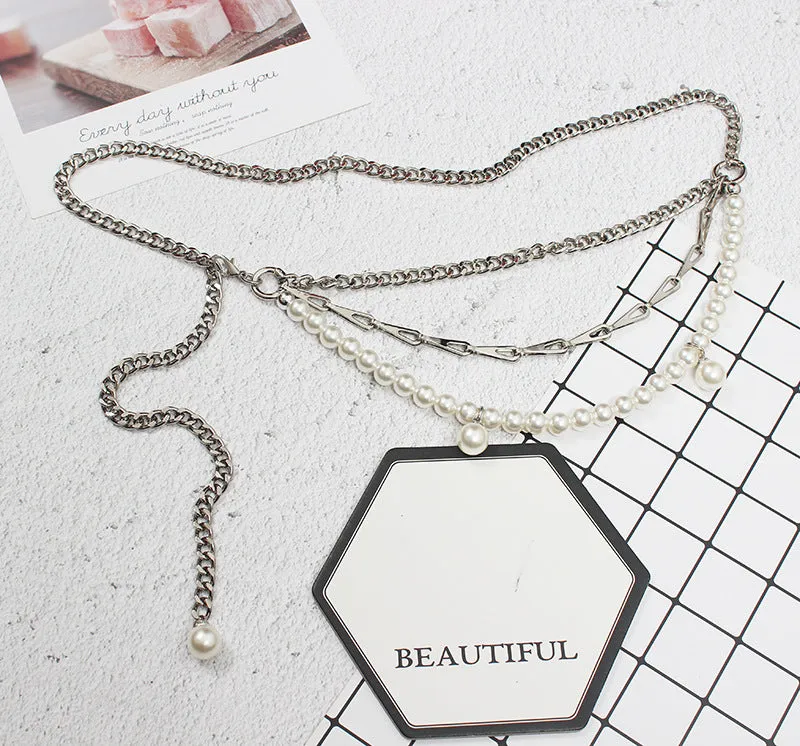 Retro Multi-layer Woven Waist Chain Metal Chain Leather Stitching Fashion Temperament Pearl Belt Women