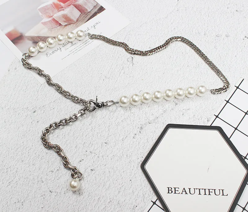 Retro Multi-layer Woven Waist Chain Metal Chain Leather Stitching Fashion Temperament Pearl Belt Women
