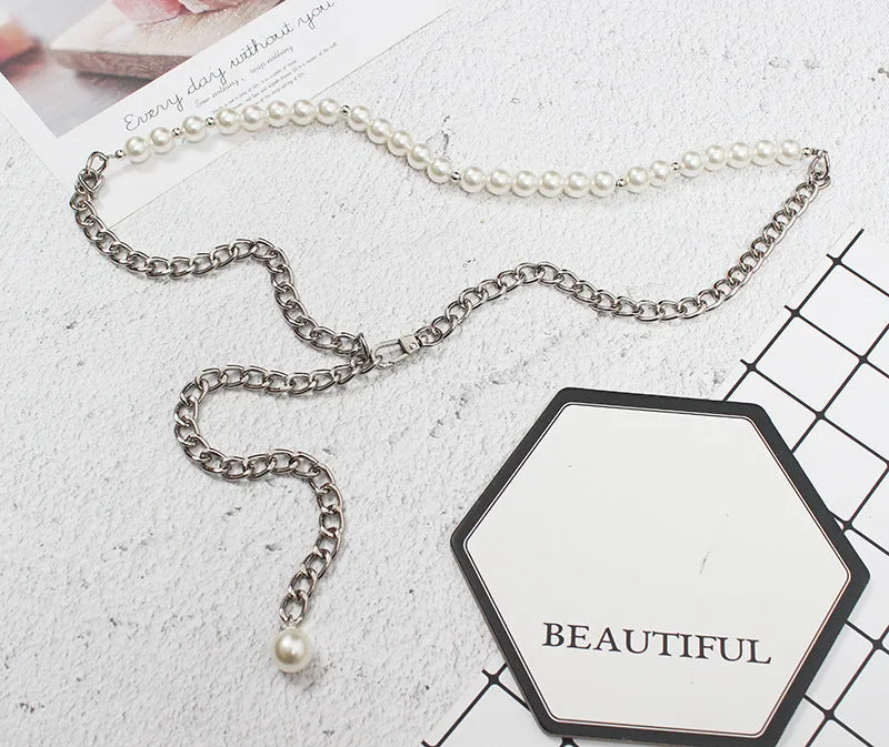 Retro Multi-layer Woven Waist Chain Metal Chain Leather Stitching Fashion Temperament Pearl Belt Women