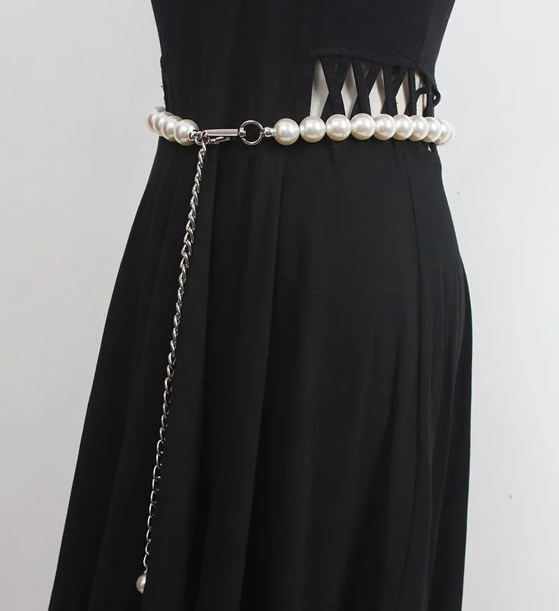 Retro Multi-layer Woven Waist Chain Metal Chain Leather Stitching Fashion Temperament Pearl Belt Women