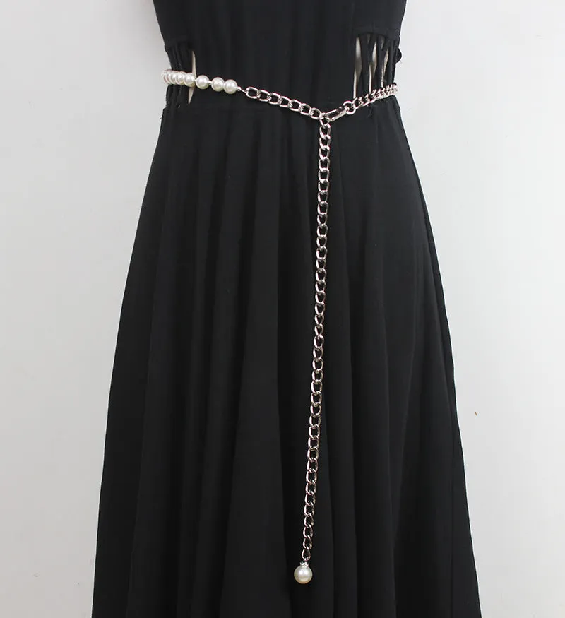 Retro Multi-layer Woven Waist Chain Metal Chain Leather Stitching Fashion Temperament Pearl Belt Women