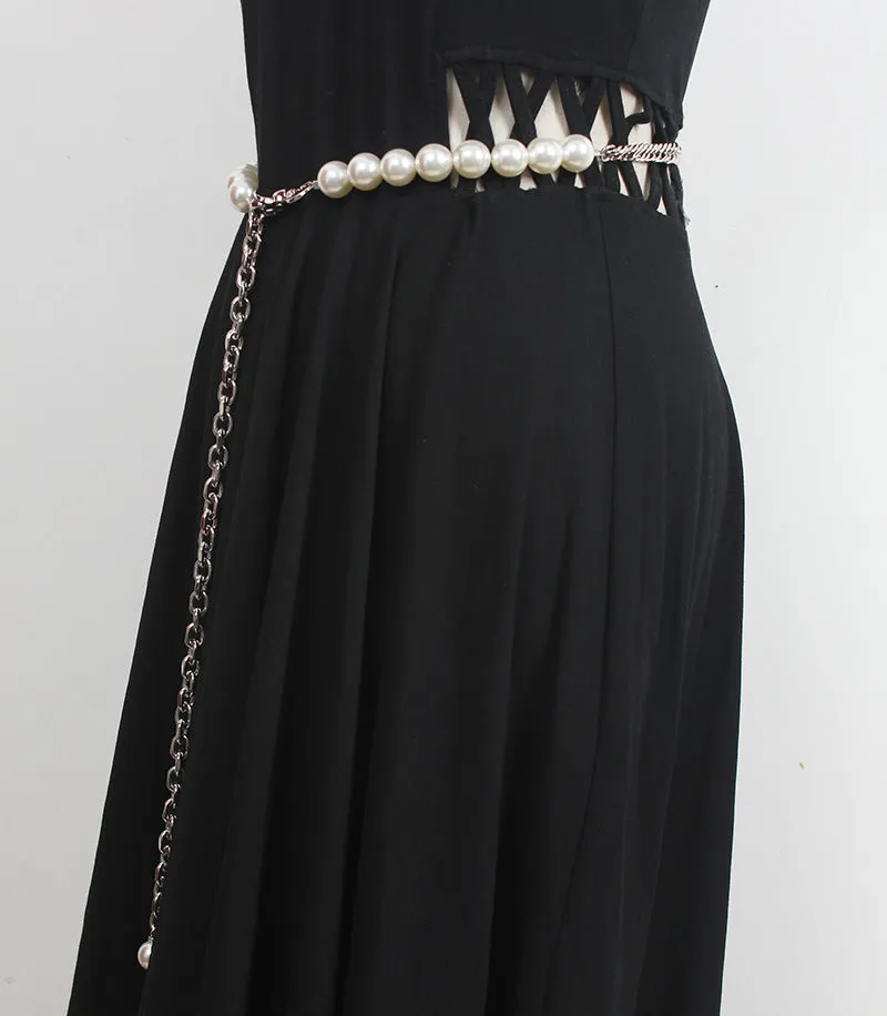Retro Multi-layer Woven Waist Chain Metal Chain Leather Stitching Fashion Temperament Pearl Belt Women