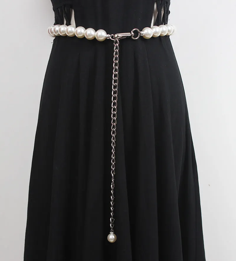 Retro Multi-layer Woven Waist Chain Metal Chain Leather Stitching Fashion Temperament Pearl Belt Women